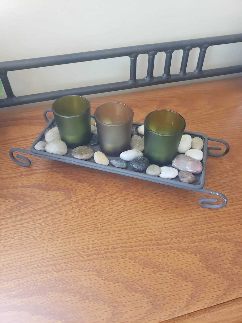 Rustic Candle Set On Metal Stand And Rock Accents With Votive Holders & Candles